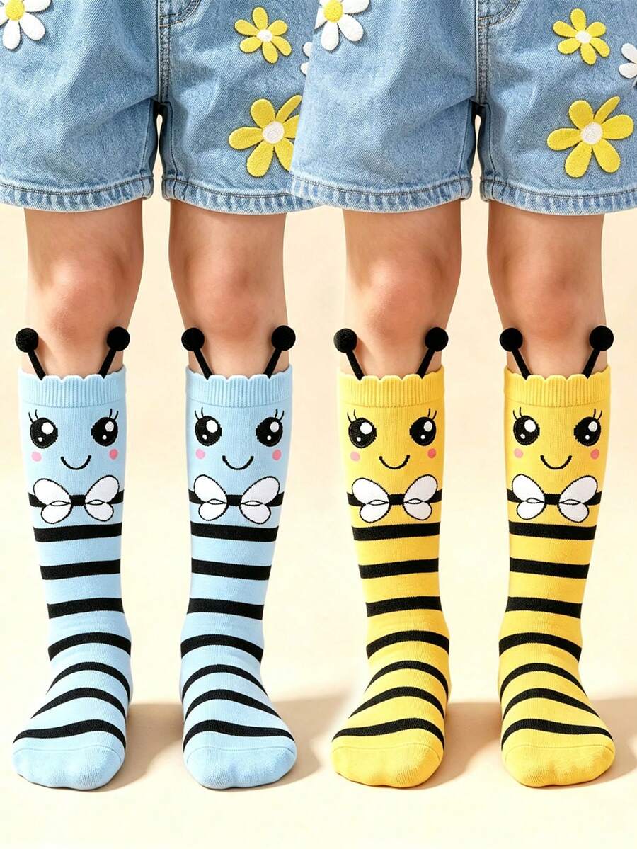 1/2 Pairs Random Style Cute 3D Bee & Deer Horn Mid-Calf Socks, Cartoon ...