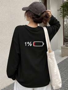 Women's Loose Fit Casual Japanese Cartoon Print Long Sleeve T-Shirt, Spring/Autumn Black - Black - View 3