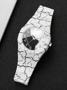 Men's And Women's Plastic Strap Fashion Marble Pattern Arabic Numeral Dial Classic Casual Quartz Wristwatch, Gift For Friends (2pcs/Set) Watch Box Not Included, Note: Strap Pattern Position May Vary - White - View 10