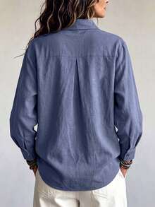 Women Casual Solid Blue V-Neck Sequin Pocket Tie Front Long Sleeve Button Up Shirt, Daily Fall Halloween - Blue - View 3