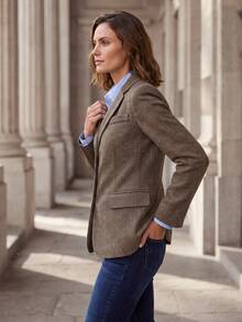 Urban Retro Elegant Minimalist Commuter Herringbone Long Sleeve Jacket With Pockets And Lining For Women, Suitable For Street, Office, Commuting, Holidays, Weekend Getaways - Dark Brown - View 4