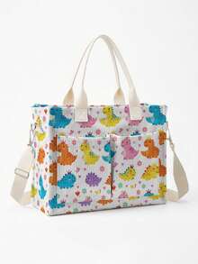 1pc Dinosaur Print Corduroy Multi-Pocket Large Capacity Storage, Snap Button Closure, Shoulder Tote Bag For Women Daily Commute School - Multicolor - View 7
