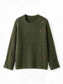 Sweater Lengan Panjang Kasual Minimalis Warna Polos Musim Gugur/Dingin - Hijau Tentara - View 8