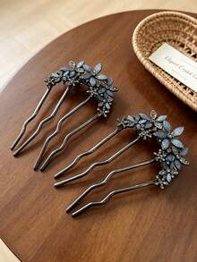 1pc Luxury Gun Gray Rhinestone Flower 4-Prong Hair Comb, Vintage Metal Hair Stick For Women's Back Head Bun Styling Hair Accessory - Multicolor - View 2