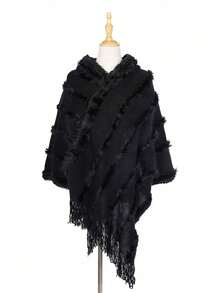1pc Unisex Autumn/Winter Solid Color Tassel Hooded Knit Pullover Cape Shawl, Suitable For Daily Wear - Multicolor - View 10