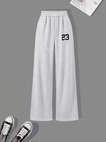 2pcs Girls Outfit Set, Includes Half-Zip Polo Sweatshirt (Embroidered 23 Number) And Loose Wide Leg Pants, Casual Style Autumn/Winter Set - Light Grey - View 6