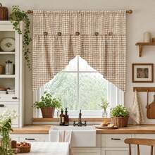1Pc,Apricot Gingham Triangle Kitchen Curtain With Button Detail ...