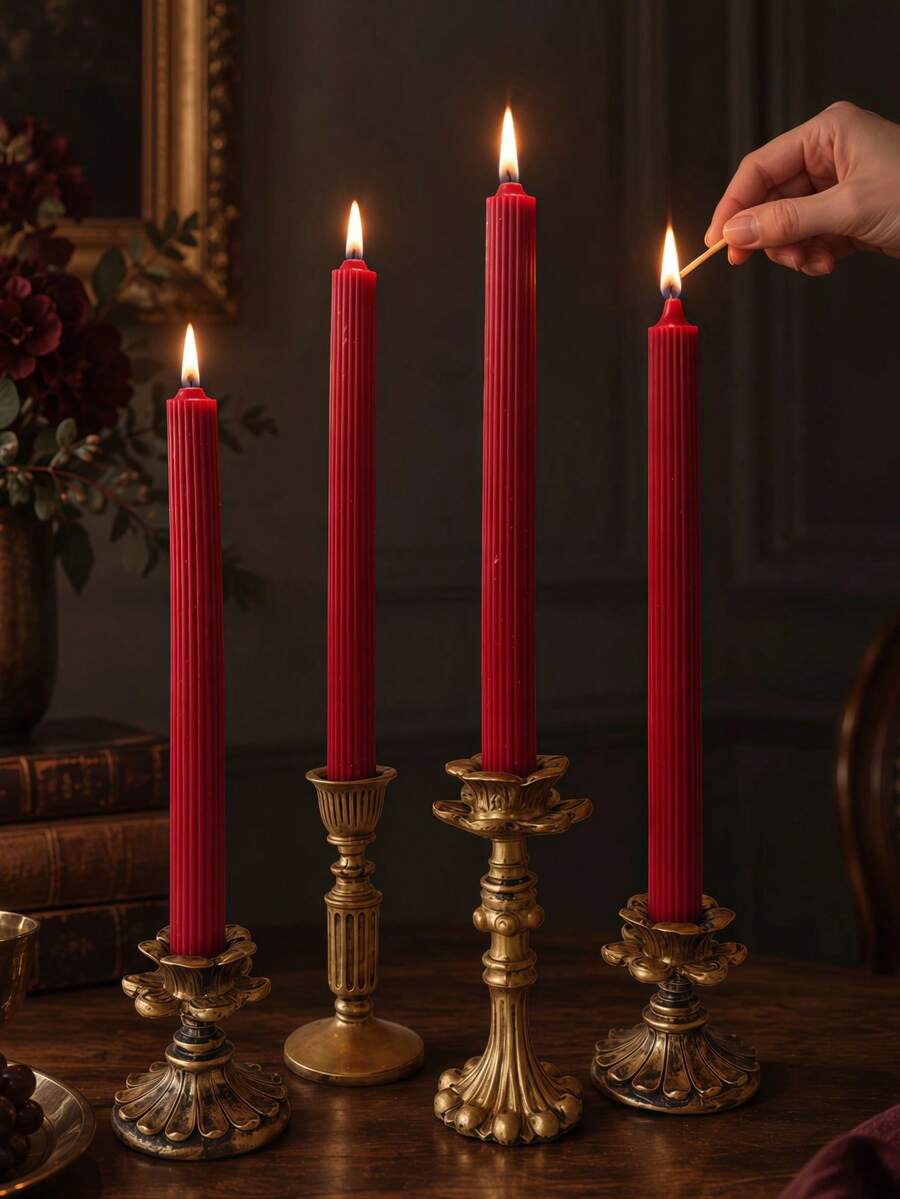 4/2/1pc 0.86*9.84 Inch Red Pointed Ribbed Long Tapered Candles, Suitable For Home Decor, Living Room Decor, Party Supplies, Holiday Decoration, Create Romantic Atmosphere, Wedding Souvenirs, Christmas, Christmas Decoration - Multiple Styles - View 1