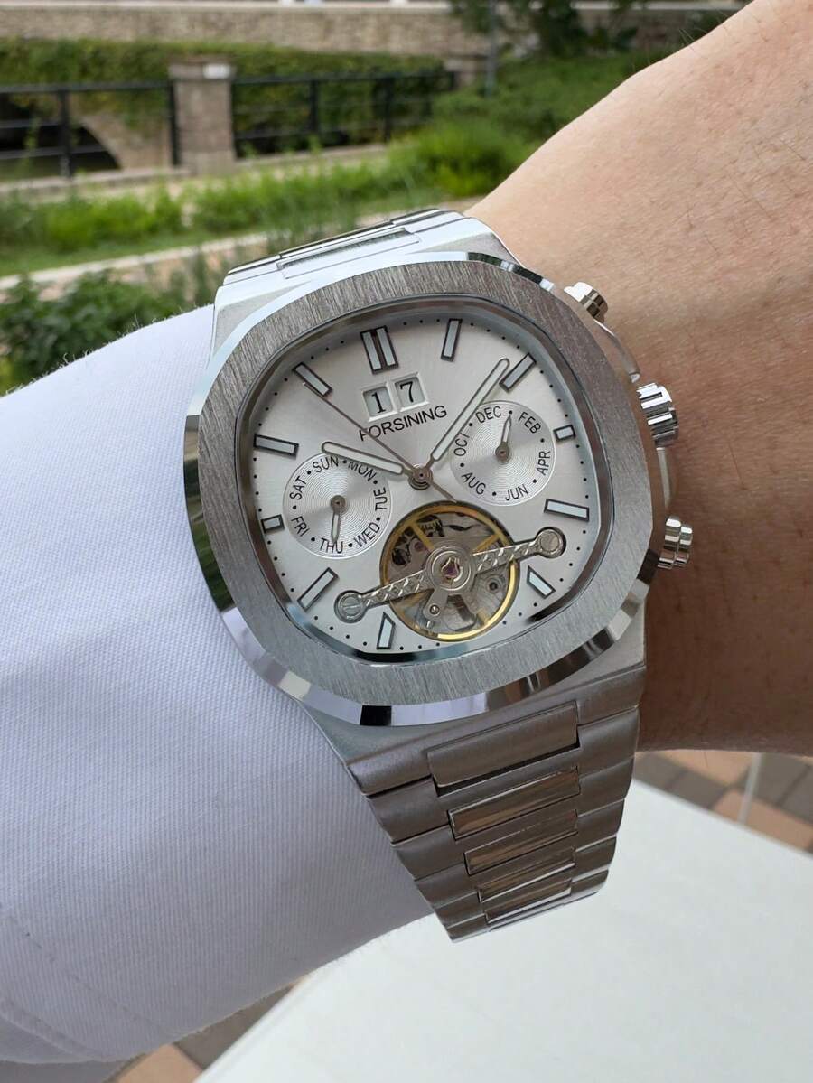 FORSINING 1pc Fashion Tourbillon Skeleton Automatic Mechanical Watch For Men Moon Phase Design Business Men Watches Top Brand Luxury Wristwatches