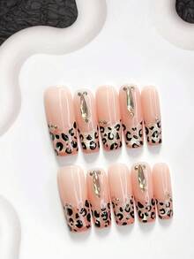 秋季 10片裝辣妹風手工穿戴甲 Polygel 凝膠美甲套組，水鑽豹紋棕黑指甲油，閃亮風格，3種尺寸可選，杏仁甲、鴨嘴甲、棺材甲，適合派對、跳舞、日常配戴（手工細節可能有所不同） - 彩色 - 查看 20