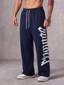 MAISONFOX Men's Letter Print Drawstring Waist Straight Leg Long Casual Pants, Suitable For Outings, Parties, Back To School, Sports, Fitness, Autumn Wear - Navy Blue - View 6
