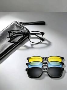 Unisex 3-In-1 Magnetic Clip On Square Eyewear Set With 3 Replaceable Lens & Storage Pouch,Suitable For Driving Daily Wear - Grey - View 1