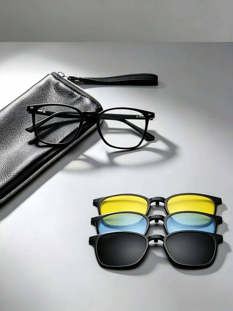 Unisex 3-In-1 Magnetic Clip On Square Eyewear Set With 3 Replaceable Lens & Storage Pouch,Suitable For Driving Daily Wear - Grey - View 1