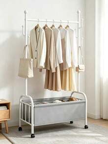 1pc Metal Garment Rack With Storage Basket, Mobile Clothes Rack With Wheels, Multi Hooks, Large Storage Space, Stable Structure, Space Saving, Freestanding Clothing Organizer, Suitable For Bedroom, Living Room, Dormitory And Apartment. - Multicolor - View 10