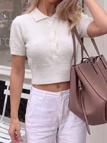 Unadoll Women's White Polo Collar Knit Top, Elegant Basic Short Sleeve Slim Fit Fuzzy Sweater, Suitable For Back To School, Daily Wear And Commuting - Off White - View 6