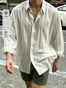 Men's Korean Style Striped Linen-Like Long Sleeve Shirt - Beige - View 2