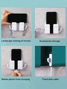 2pcs No-Drill Wall-Mounted Phone Storage Rack, Bedside Wall Phone Charging Holder With Hook And Remote Control Storage Shelf - White - View 6