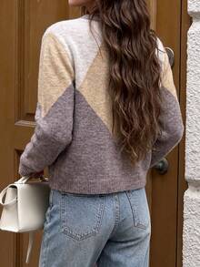 Unadoll Women's Autumn/Winter Colorblock Argyle Knit Cardigan, Elegant Long Sleeve Button-Up Short Sweater, Suitable For Back To School And Daily Wear - Oatmeal - View 2