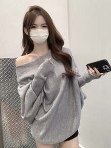 Autumn/Winter Korean Style Elegant Loose Off Shoulder Batwing Sleeve Knit Sweater Inner Layer Women Tops - Grey - View 4
