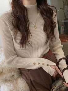 Women's Semi-High Neck Base Layer Sweater, Autumn/Winter - Apricot - View 3