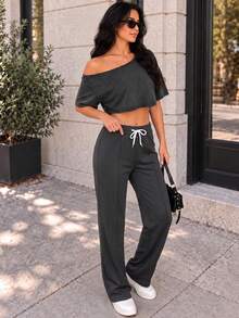 Women's High Waist Drawstring Wide Leg Pants, Loose Athletic Casual Long Pants, Suitable For Gym Workout, Daily Wear And Autumn Outfit - Black - View 4