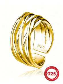 1pc Minimalist Premium S925 Sterling Silver Multi-Layer Cross-Wrapped Wide Open Ring, Adjustable Hollow Smooth Finger Ring For Women - Gold - View 2