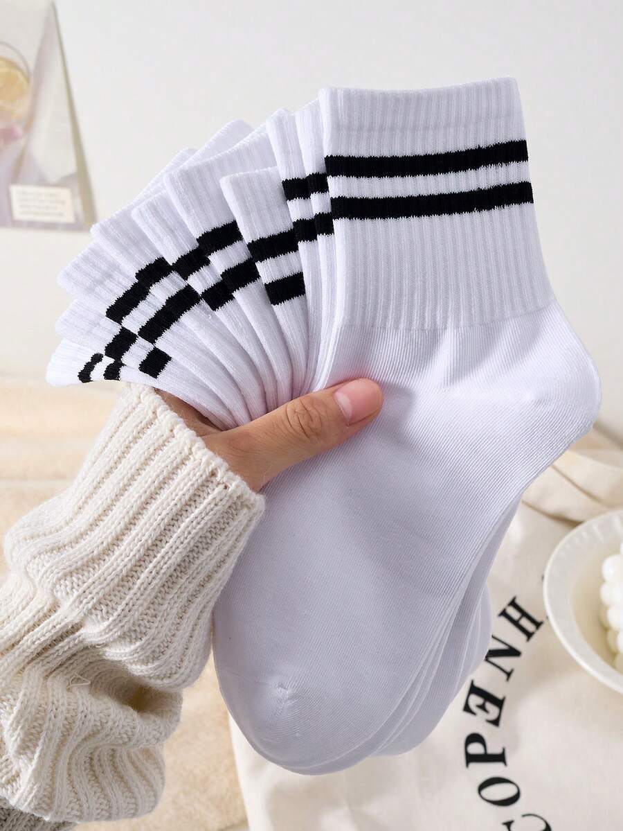 5 Pairs Striped White Women's Mid-Calf Socks, Non-Slip Comfortable Soft, Suitable For Autumn And Winter - Multicolor - View 1
