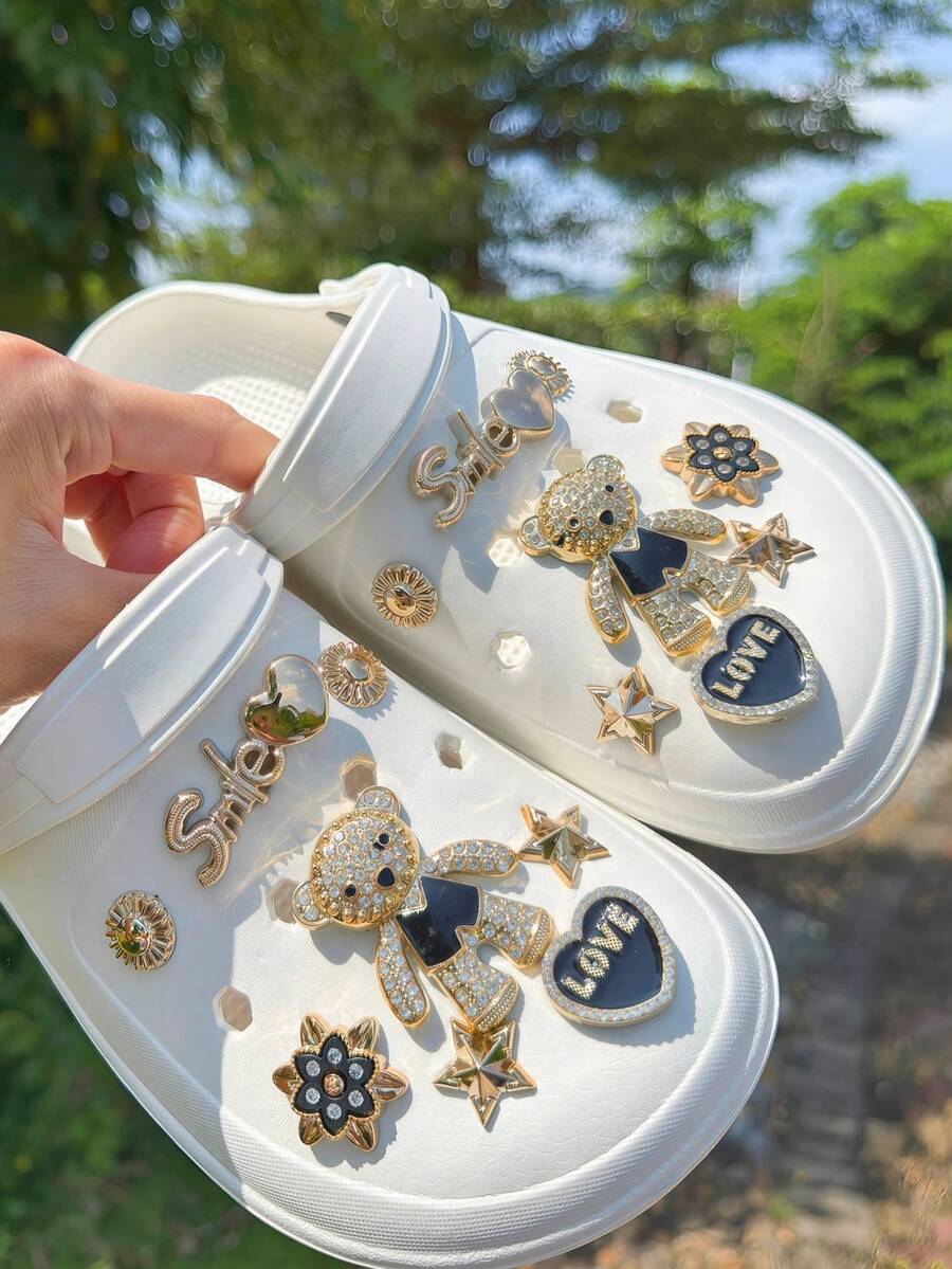 16pcs DIY Detachable ABS Bear Shoe Charms, Removable Decorative Buckles For Clogs, Sandals, Slippers, Beach Bags, Multi-Functional Decoration, Suitable For All Seasons, Holiday Gift - Gold - View 1