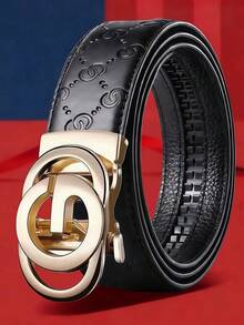 Men Black Embossed Ratchet Waist Belt, Double Ring Automatic Buckle Design, Versatile Adjustable Waistband For Formal & Casual - Multicolor - View 2