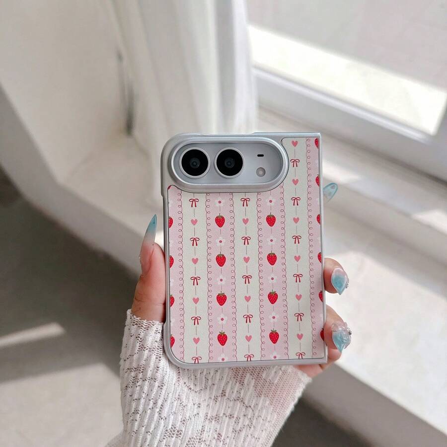 1pc Pink Strawberry, Denim Blue Star, Red Strawberry, Small Bow, Pink Heart, Lace Stripe, White Pentagram, Silver Frame, Fabric Texture, Denim Texture, Full Lens Protection, Precise Hole Protection, Four-Corner Anti-Drop, Detachable Full Coverage, Silver Electroplated Frame, PC Hard Shell, Girly, Sweet Style, Ins Style, Cute Style, Japanese Fresh, Vintage Denim, For Foldable Phones, Full Front And Back Protection, Phone Protective Case