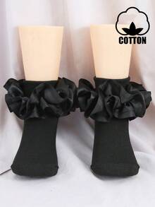 1 Pair Cotton Baby/Toddler Girls' Socks With Big Lace Ruffle, Princess Dance Socks - Black - View 2