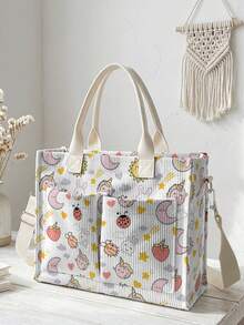 1pc Cute Cartoon Patterns Print Corduroy Multi-Pocket Large Capacity Storage, Snap Button Closure, Shoulder Tote Bag For Student Daily Commute School - Multicolor - View 2