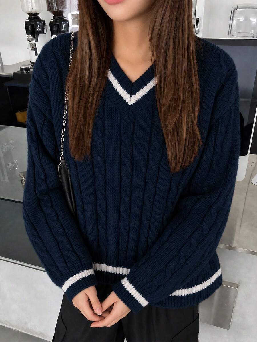 1pc Girls Casual Versatile Comfortable V-Neck Outdoor Commute Party Top, Autumn/Winter - Navy Blue - View 1