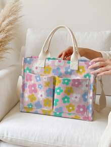 1pc Colorful Small Flowers Print Corduroy Multi-Pocket Large Capacity Storage, Snap Button Closure, Shoulder Tote Bag For Student Daily Commute School - Multicolor - View 5