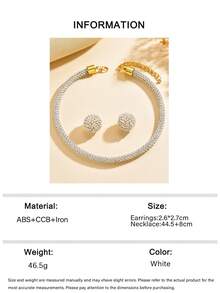 1 Set 3pcs Fashion Elegant Elegant Micro-Inlaid White Faux Pearl Stud Earrings & Necklace Set, Vintage Exaggerated Personalized Creative Inlaid Faux Pearl Ball Stud Earrings & Necklace Set Suitable For Women's Daily, Vacation, Banquet Wear - White - View 7