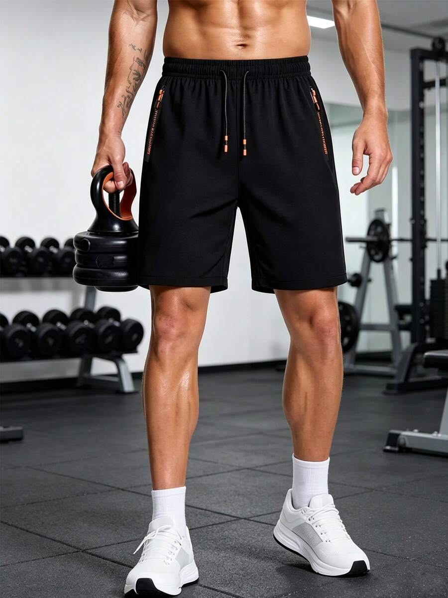 Men's Elastic Waist Drawstring Shorts, Slight Stretch, Suitable For Running, Basketball, Soccer And Gym Workouts