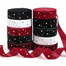 5 Yards/Roll 2.5cm Christmas Gold Foil Five-Pointed Star Single-Sided Flocked Ribbon, Flocked Christmas Letter & Star Ribbon, DIY Christmas Tree Bows Ribbon, Suitable For Christmas And Other Holiday Party Decoration Materials - Flocked Webbing - View 6