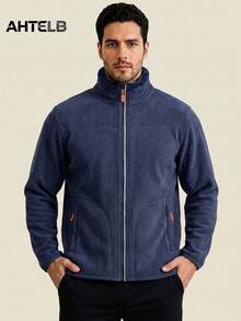 AHTELB Reversible Coral Fleece Double-Sided Fleece Jacket, Stand Collar Warm Zipper Jacket, Father's Sports Style - Navy Blue - View 4