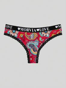 Morvia 4pcs Women Retro Paisley Floral Thongs, Letter Elastic Waist Lace Trim Briefs For Daily Wear - Multicolor - View 4