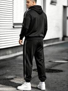 Men's Autumn/Winter Striped Hooded Zip-Up Sweatshirt And Jogger Pants 2 Pieces Set For Outdoor Workout, Fitness, Jogging - Black - View 3