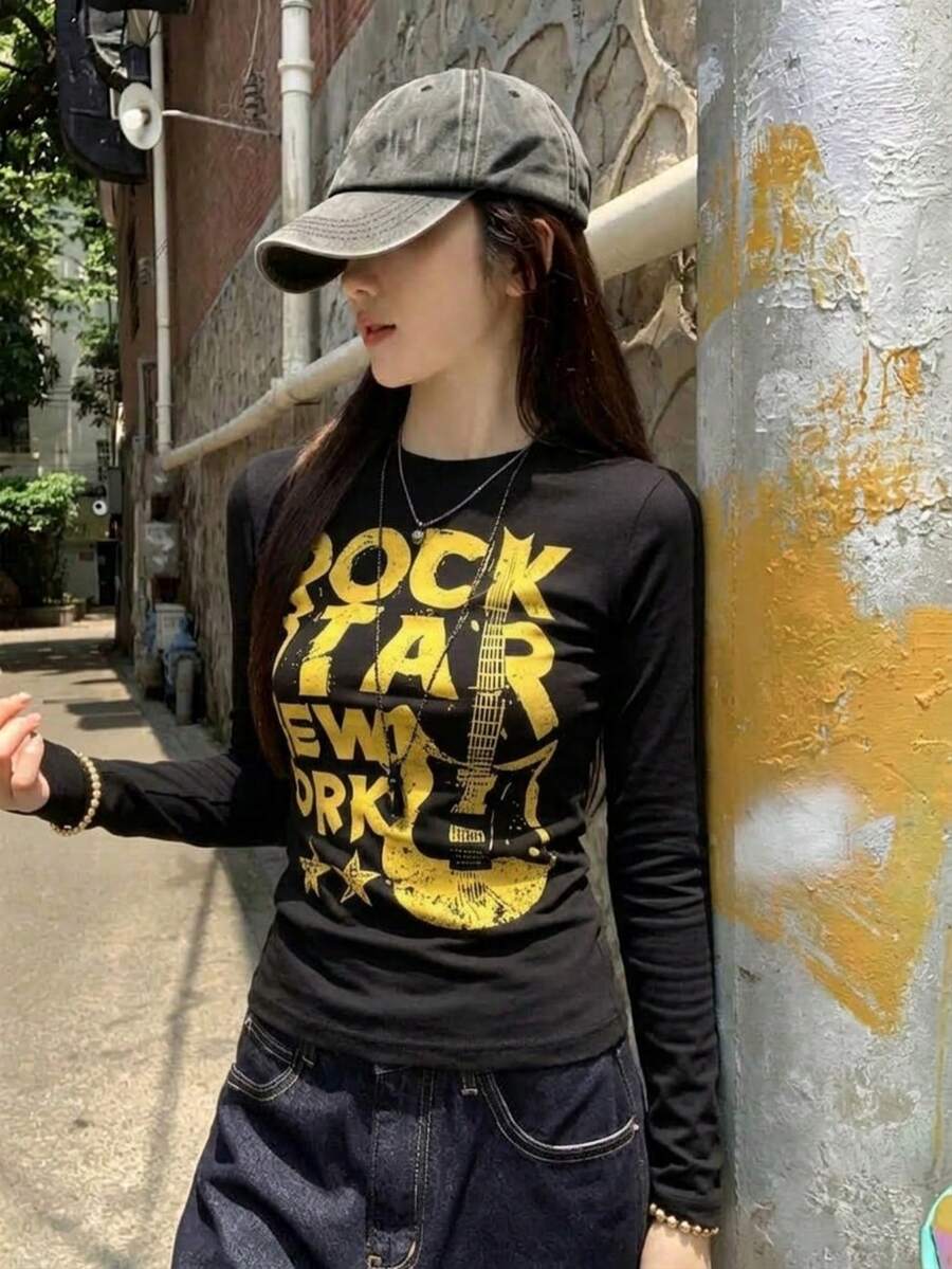 New Black Short Long Sleeve T-Shirt Women Y2K Generation Design English Print Spring Autumn Korean Style Round Neck Versatile Casual Slim Fit Top - Black - View 1