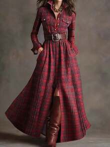 Women's Autumn/Winter Fashion Multi-Color Plaid Vintage Long Dress - Red - View 5