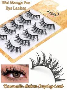 5 Pairs Wet Manga Style Strip False Eyelashes, Anime Spiky Wet Wispy Fake Lashes, Natural Layered Look Eyelashes, Soft Lightweight Reusable Strip Lashes, Eye Makeup Tools For Daily Wear And Cosplay - Gold - View 2