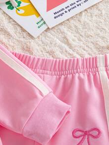 Autumn/Winter Baby Girl Cute Casual Pink Round Neck Bow Print Loose Sweatshirt & Pink Jogger Pants Versatile Commute Outfit - Pink - View 4