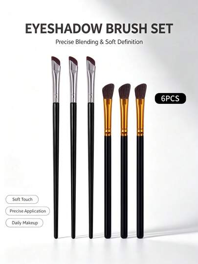 6pcs Eyeshadow Brush Set, Angled Blade Brow Brush & Blending Brush Combo, Black Long Handle Soft Bristle Eye Makeup Brushes, Eyeliner Brow Powder Eyeshadow Detail Makeup Tools, Professional Eye Makeup Brush Set