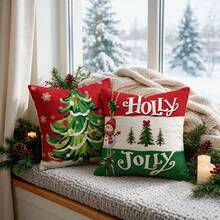 4Pcs Christmas Throw Pillow Covers, Xmas Tree Snowman Snowflake Pattern Decorative Cushion Cases For Sofa Couch Holiday Home Decor, Single Sided Print, Pillow Inserts Not Included - Red and Green - View 4