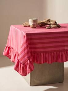 1pc Pink & White Wide Striped Tablecloth, Warm Minimalist Style, Fabric Material, Rectangular Double Layer With Ruffle Edge And Pleated Detail, Decorative Stain-Resistant Table Protector, Suitable For Daily Home And Cozy Restaurant Decor - Pink - View 2