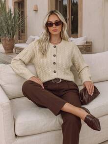 NiceArt Women's Autumn/Winter Vintage Cable Knit Wool Blend Cardigan, Long Sleeve Button Design, Suitable For Daily Wear, Autumn Outfit, Halloween - Khaki - View 8