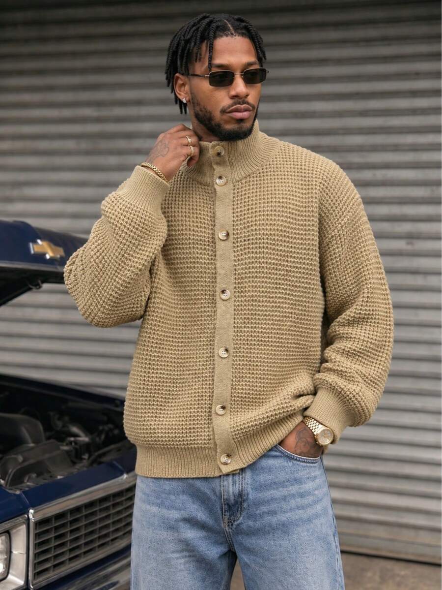 BLACKTOEXIT Men's Dropped Shoulder American Retro Minimalist Casual Daily Commute Knitted Cardigan Sweater, Autumn/Winter - Khaki - View 1