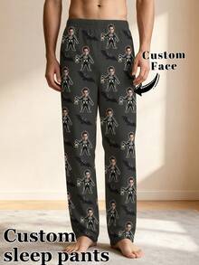 1pc Men's Customized Face Photo Pajama Pants, Personalized Red & White Heart Pattern Lounge Pants, Boyfriend Gift - Multicolor - View 2